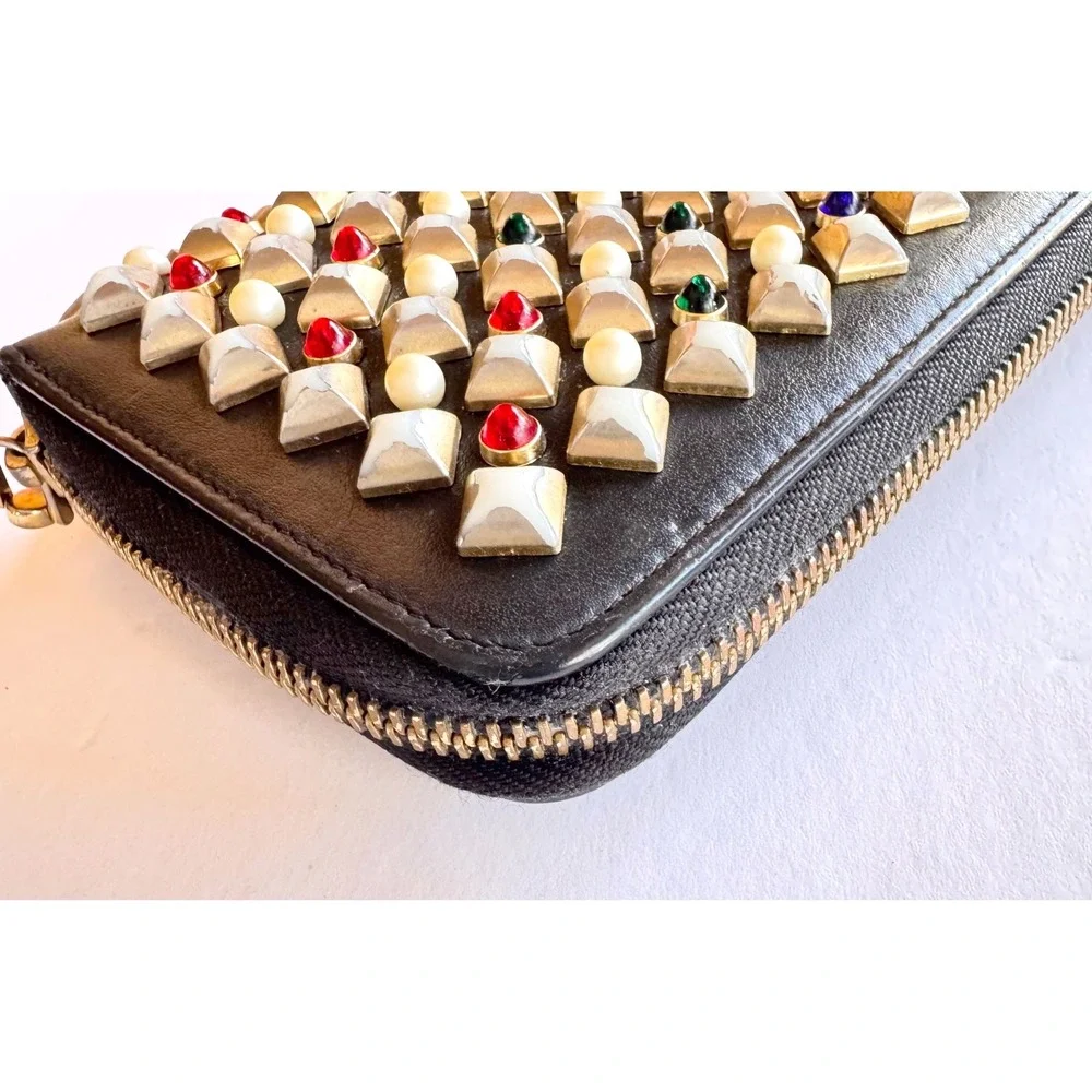 Christian Louboutin ‎ Studded Black Leather Zip Around Wallet Red Interior GUC